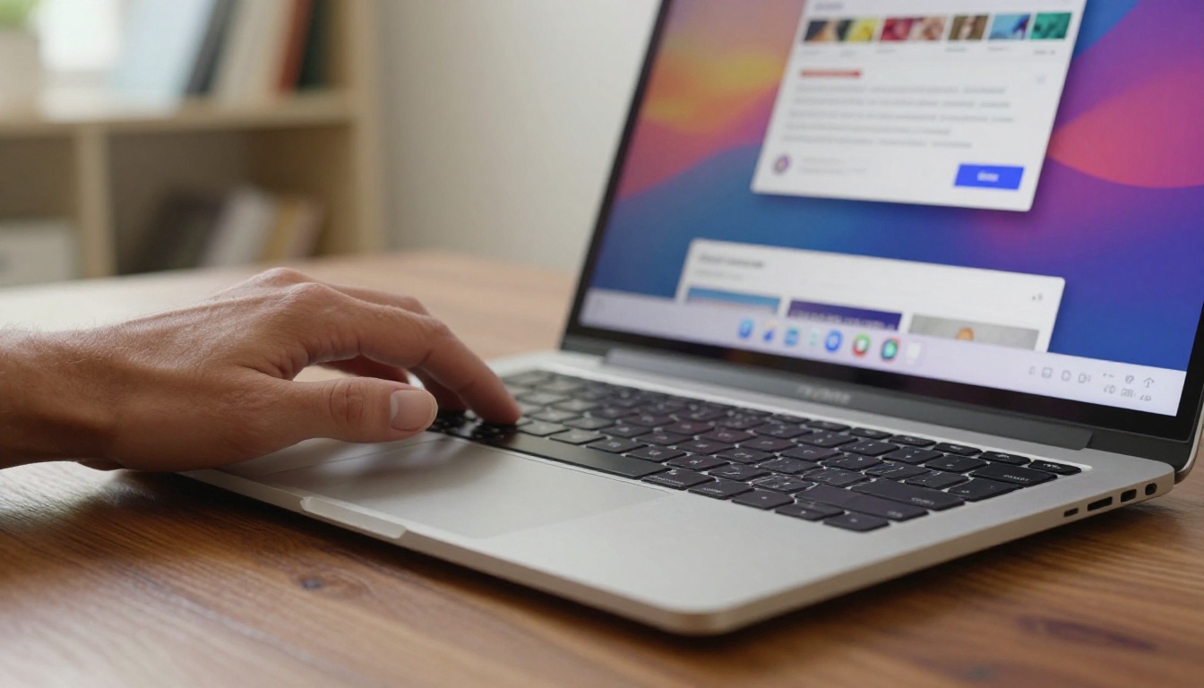 Close-up of hands on MacBook keyboard with Canva interface and PDF download button visible on screen