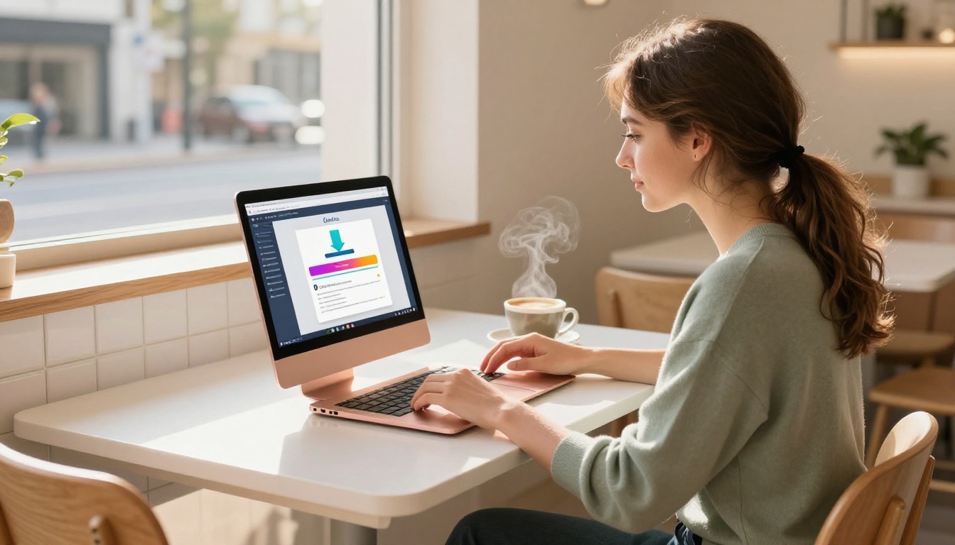 Woman downloading a Canva PDF on a laptop in a bright Scandinavian cafe