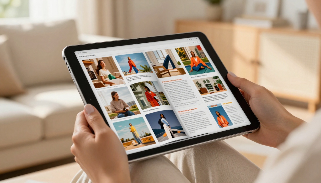 Person viewing an interactive digital flipbook on iPad with page-turning effect
