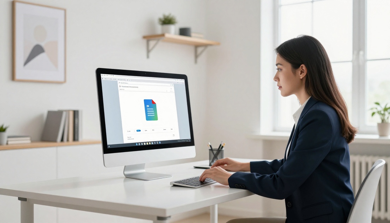 Professional woman uploading a PDF file to a web application on a desktop iMac