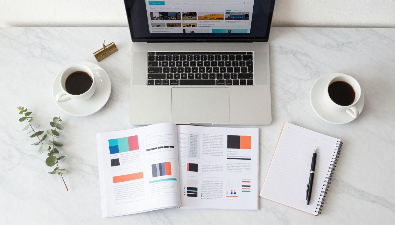 Aerial flat lay of a marble workspace with laptop showing flipbook preview and printed design mockups