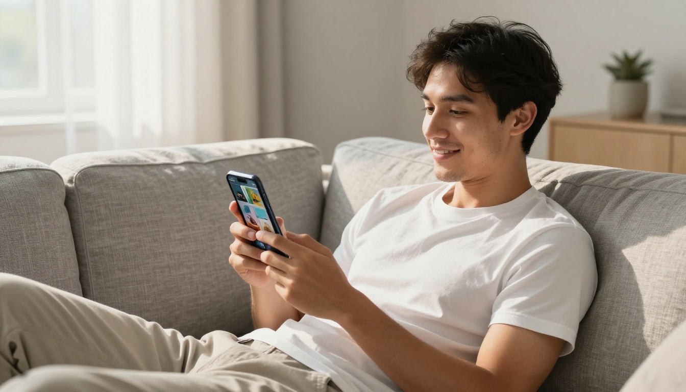 Young man viewing a digital flipbook on his smartphone while relaxing on a grey linen sofa