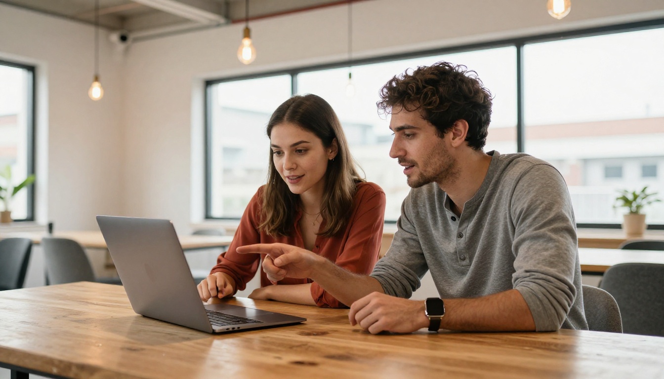 Two creative professionals collaborating over a digital flipbook on a MacBook in a co-working space