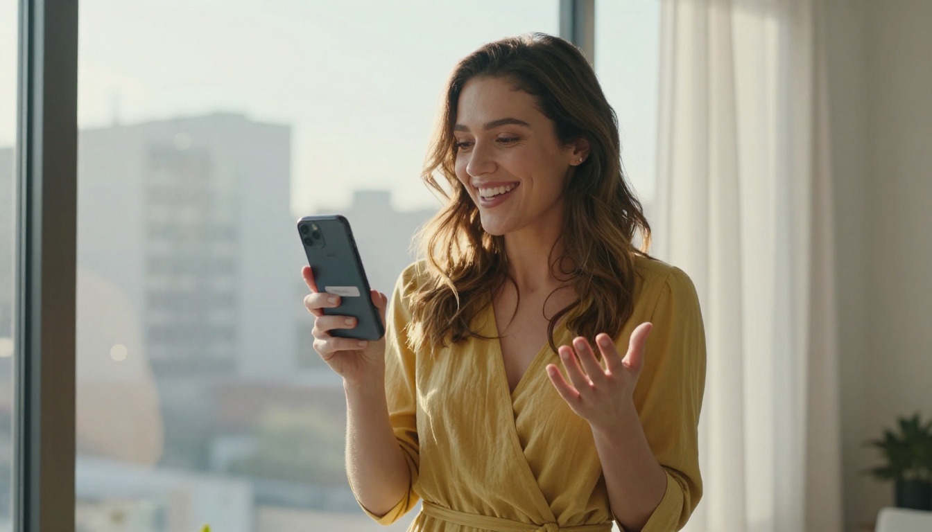 Smiling woman sharing a flipbook link on her smartphone near a bright sunlit window