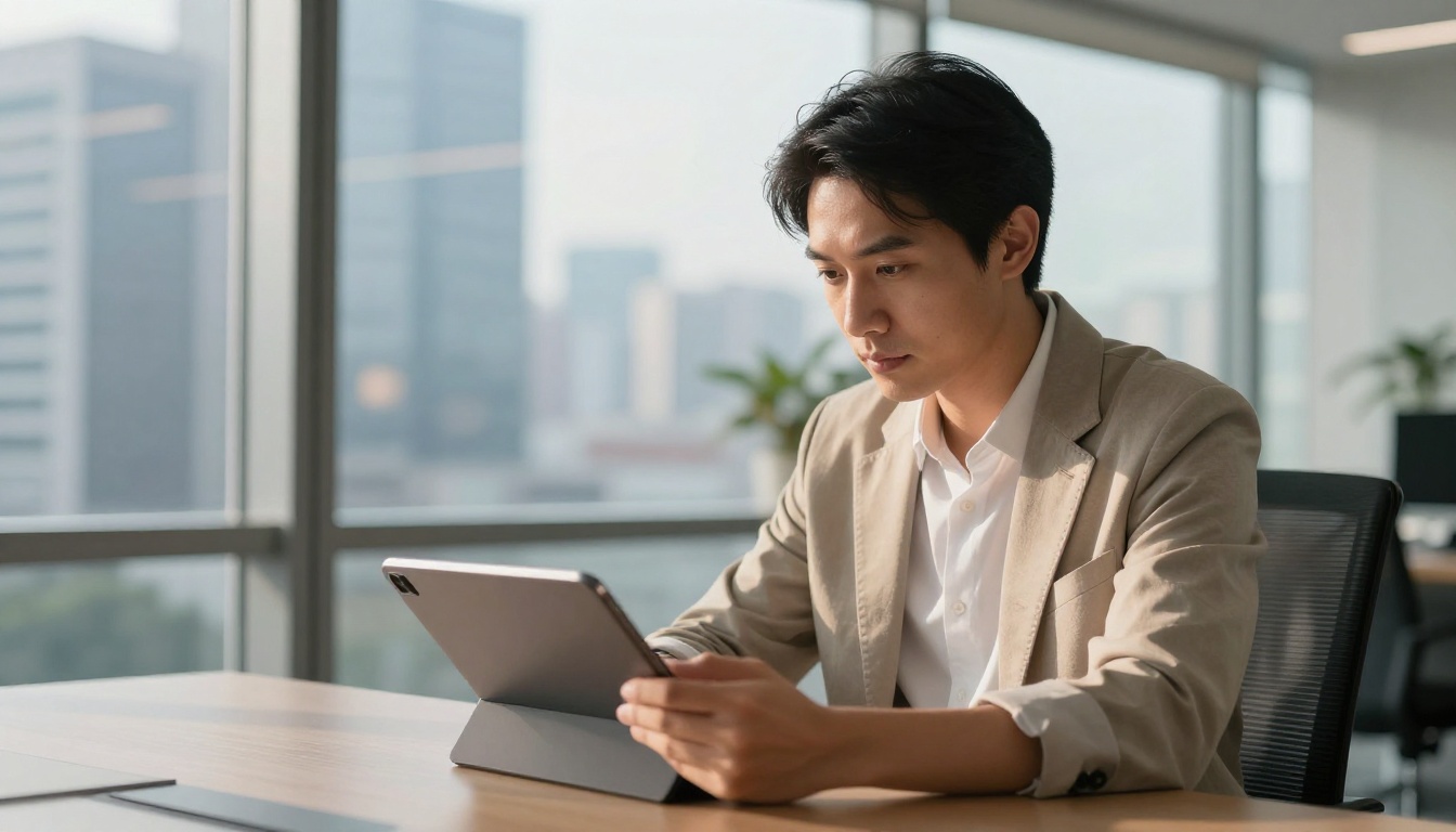 Business professional reviewing a digital flipbook on tablet in modern office Business professional reviewing a digital flipbook on tablet in modern office