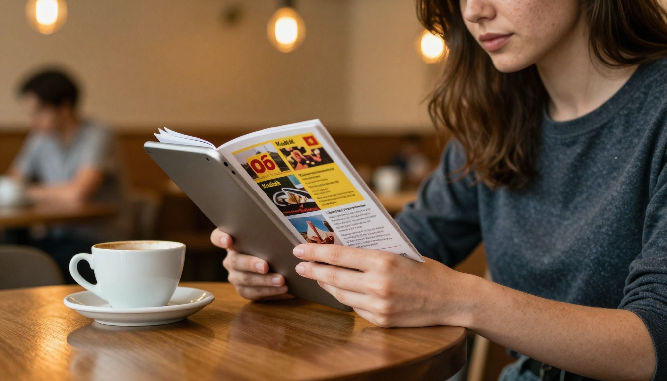 Woman reviewing flipbook in cafe Woman reviewing flipbook in cafe