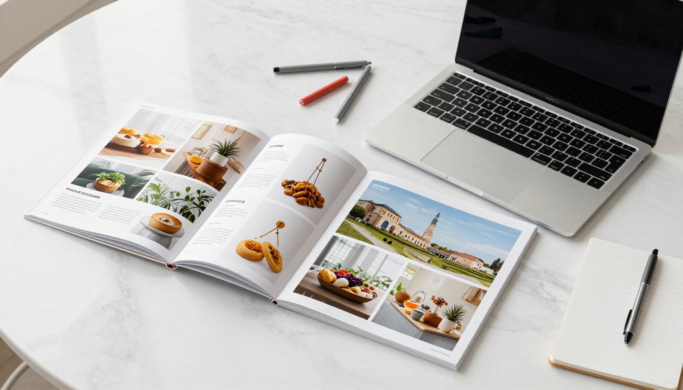 Aerial flat-lay of desk with printed catalog beside laptop showing a digital flipbook Aerial flat-lay of desk with printed catalog beside laptop showing a digital flipbook