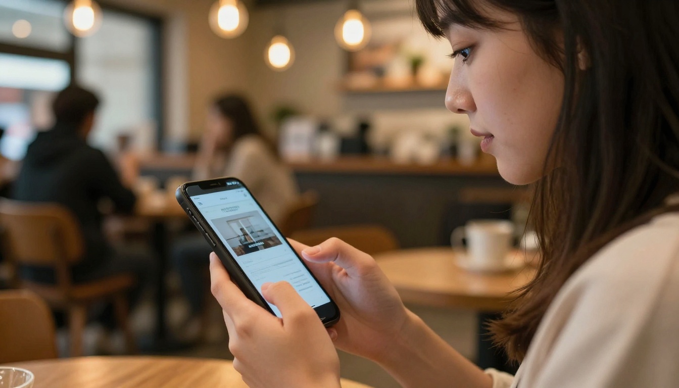 Young woman browsing digital flipbook on smartphone in a cozy coffee shop Young woman browsing digital flipbook on smartphone in a cozy coffee shop