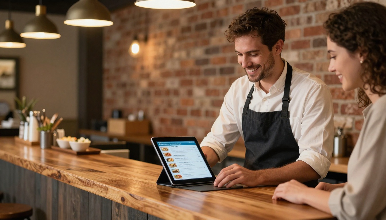 Restaurant owner showing digital menu flipbook on iPad to customers at a wooden counter Restaurant owner showing digital menu flipbook on iPad to customers at a wooden counter