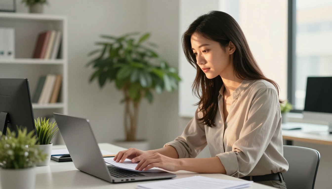 Woman uploading files at standing desk Woman uploading files at standing desk
