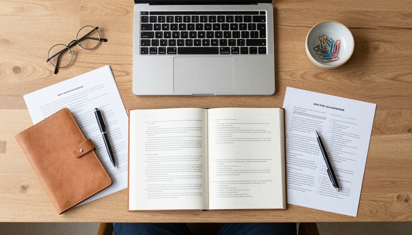 Creative desk workspace aerial flat-lay with books, laptop, PDF documents, and notebook Creative desk workspace aerial flat-lay with books, laptop, PDF documents, and notebook