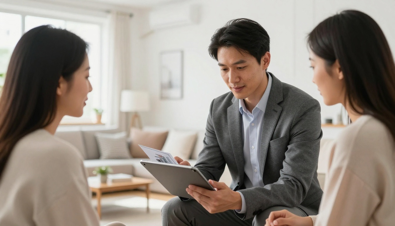 Real estate agent showing property brochure flipbook on tablet to couple in modern living room Real estate agent showing property brochure flipbook on tablet to couple in modern living room