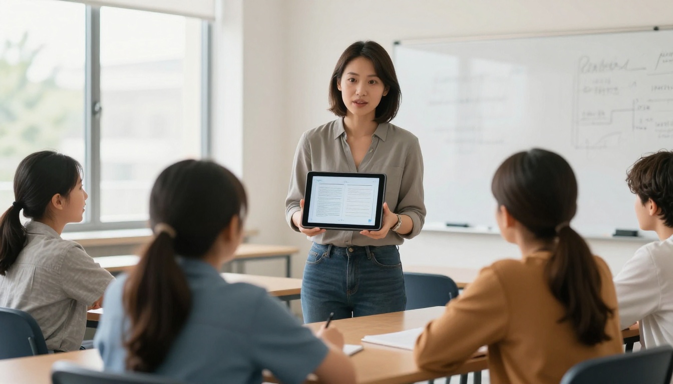 Teacher showing interactive digital textbook flipbook to engaged students in a bright classroom Teacher showing interactive digital textbook flipbook to engaged students in a bright classroom