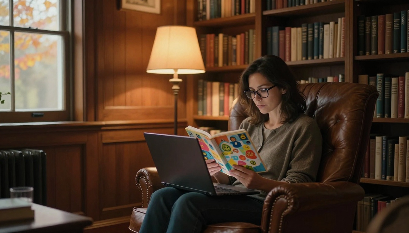 Woman in home library with flipbook on laptop Woman in home library with flipbook on laptop