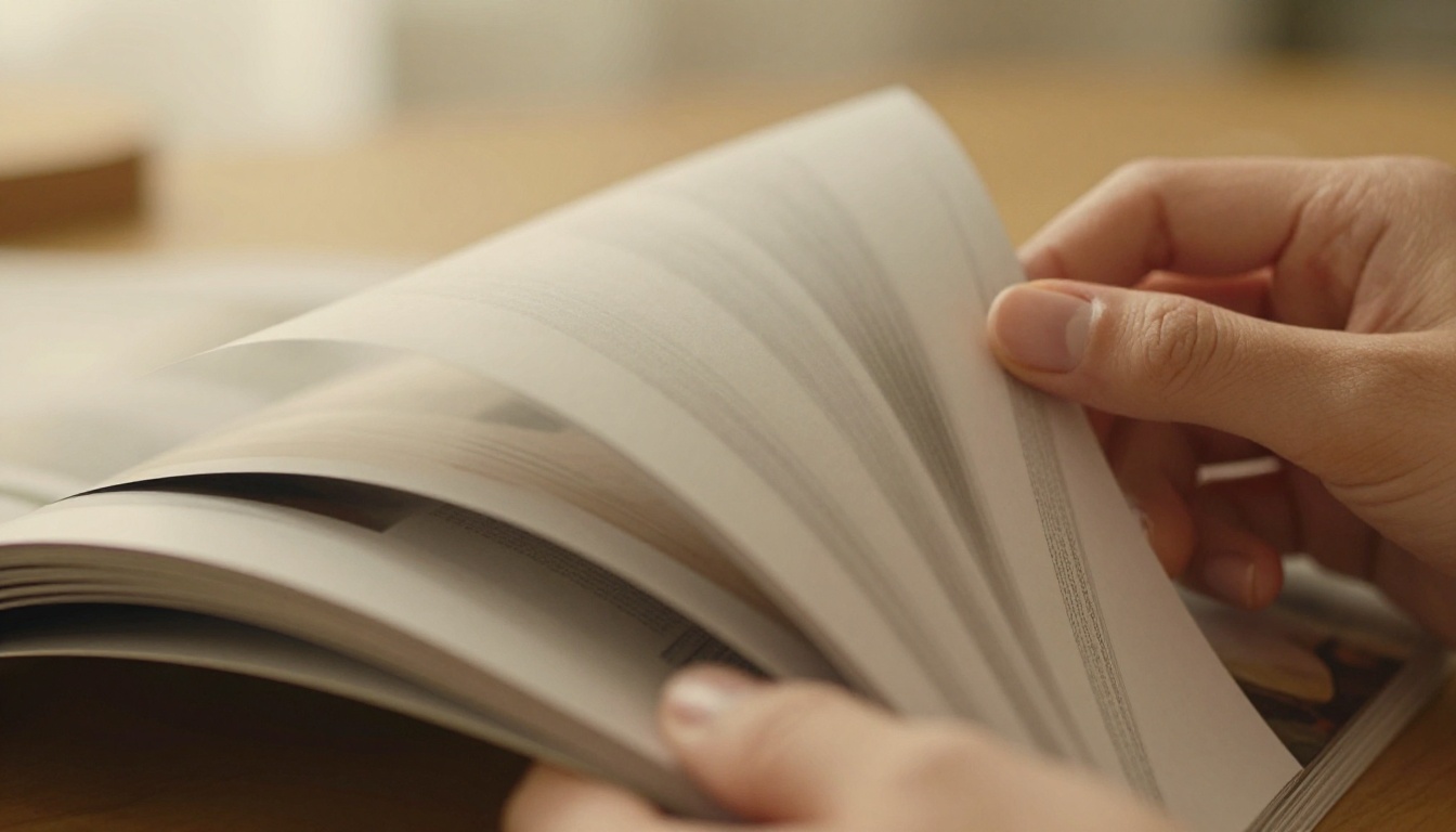 Close-up of elegant hands turning magazine pages mid-flip in warm natural light