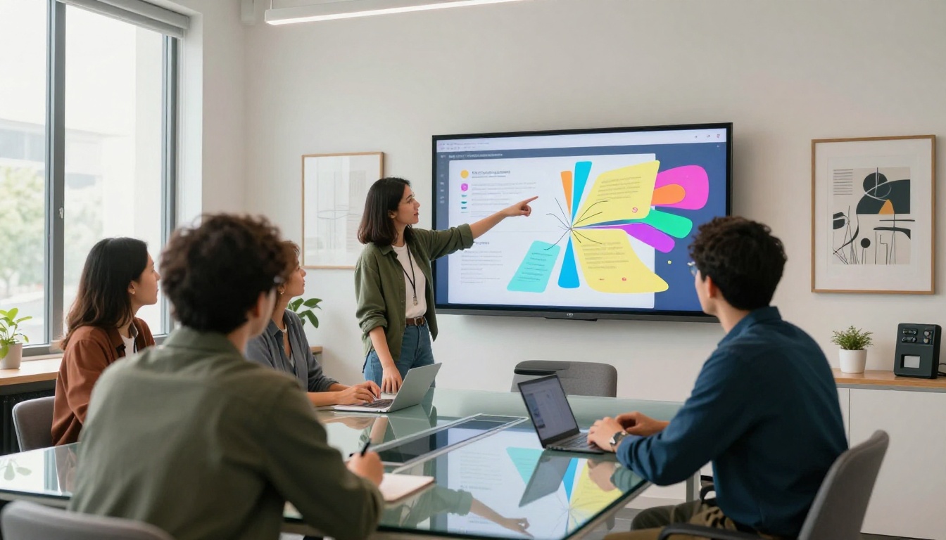 Diverse professionals in a modern meeting room reviewing an interactive flipbook on a large wall monitor