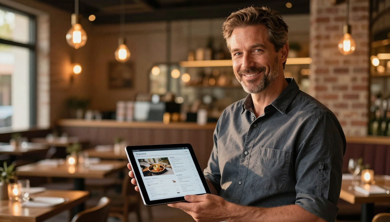 Restaurant owner holding an iPad with an animated digital menu in a warm-lit dining room