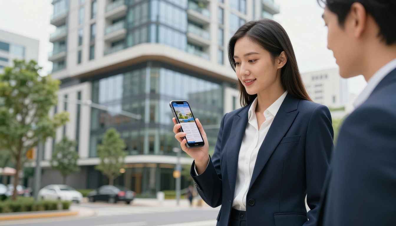 Real estate agent showing a digital property brochure flipbook on a smartphone to clients