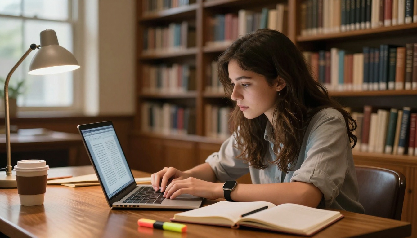 University student reading an interactive digital textbook with page flip animation at a library desk