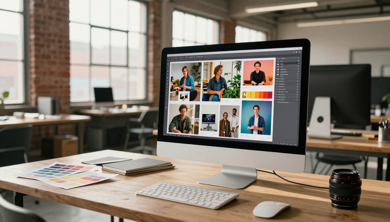Creative designer working on a digital portfolio flipbook in a bright industrial studio loft