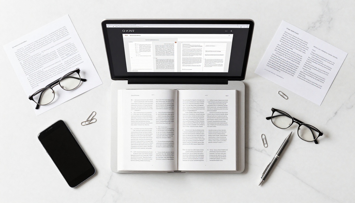 Top-down flat lay of a laptop showing a flipbook interface alongside printed PDF pages on a white marble desk
