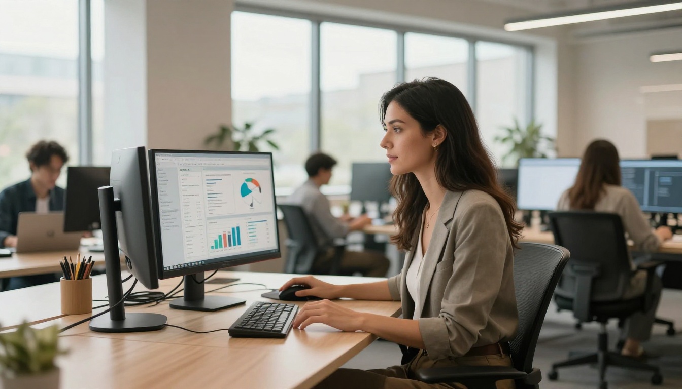 Marketing professional reviewing flipbook analytics on a dual monitor setup in a modern coworking space
