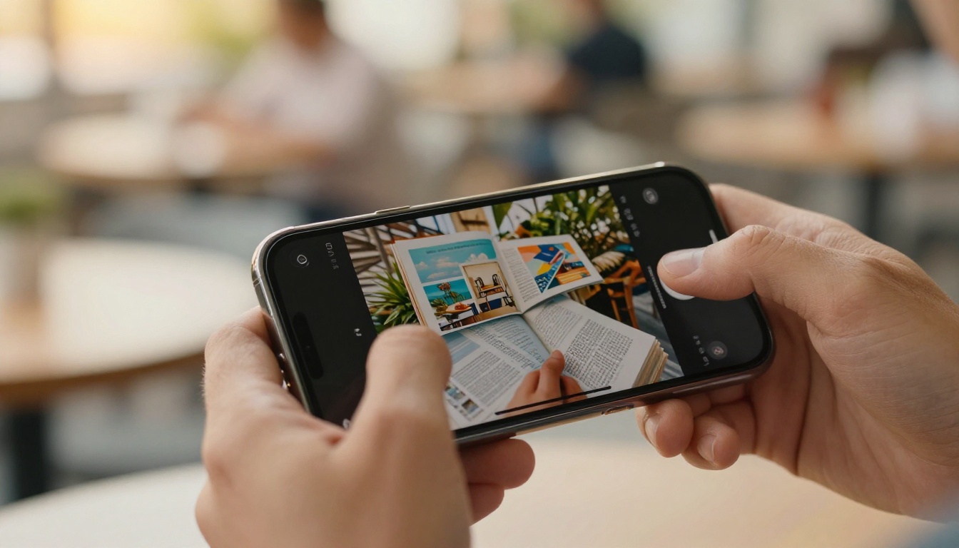 Hands holding a smartphone displaying an animated digital catalog with page flip effect mid-transition