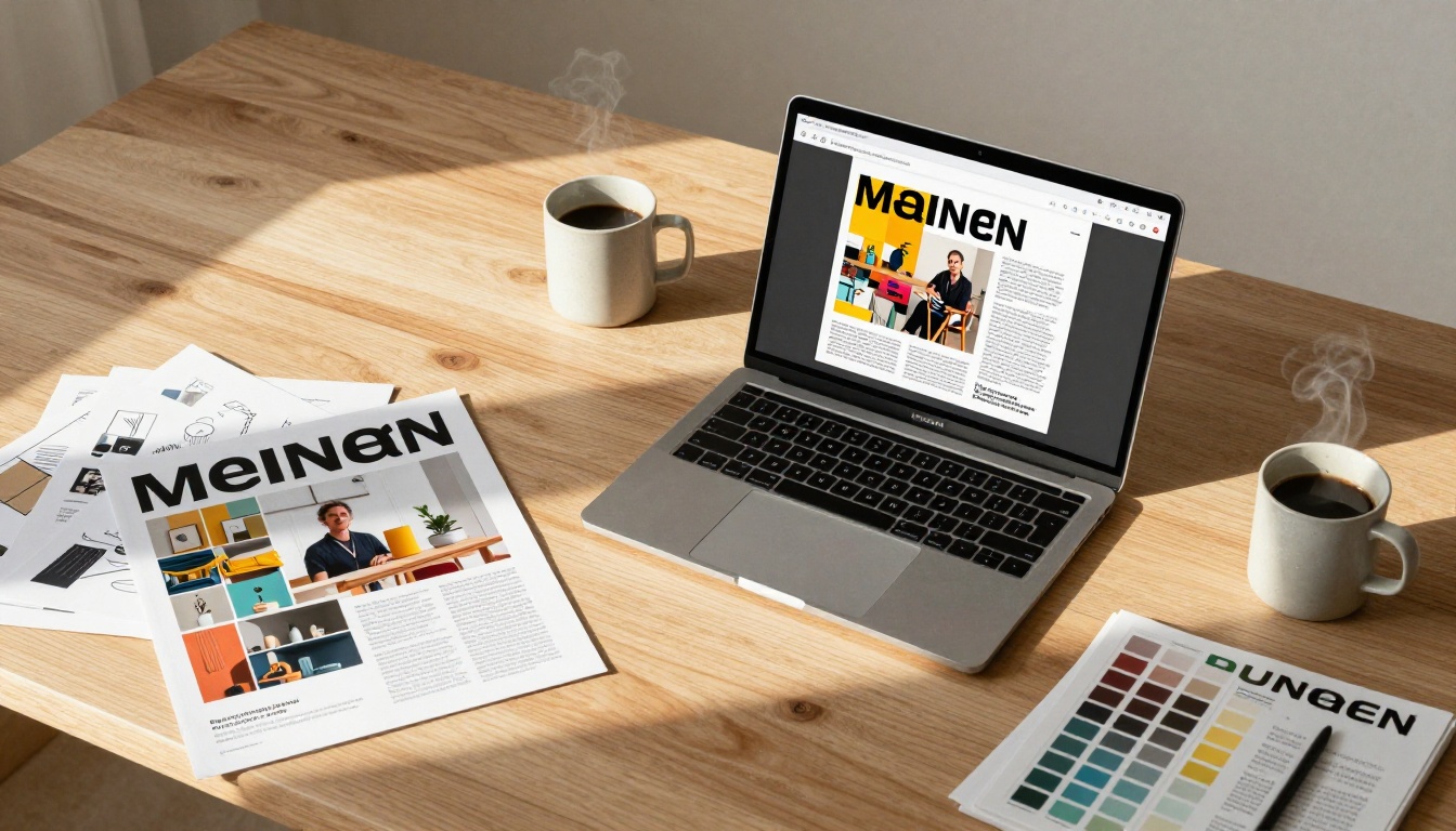 PDF versus magazine comparison on a creative workspace desk
