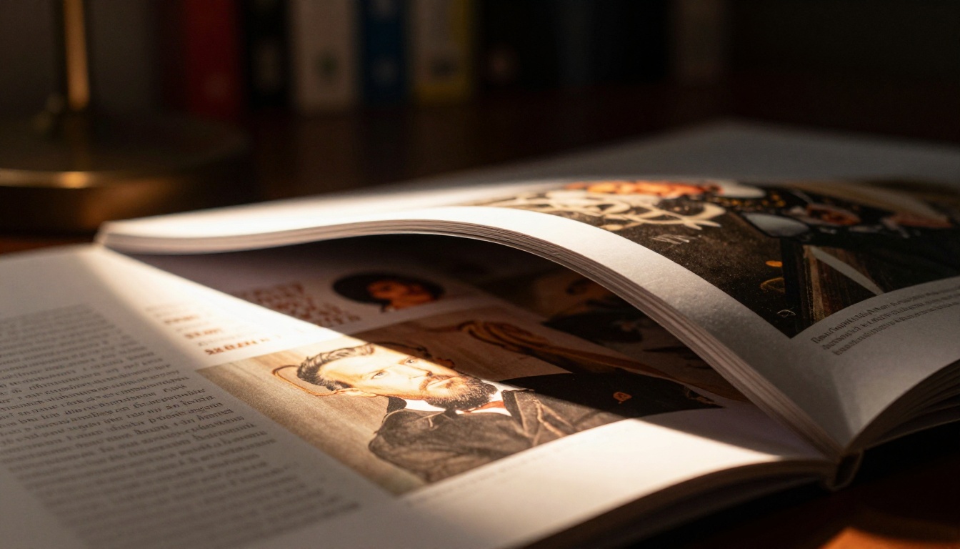 Close-up of a glossy magazine page mid-turn with dramatic side lighting