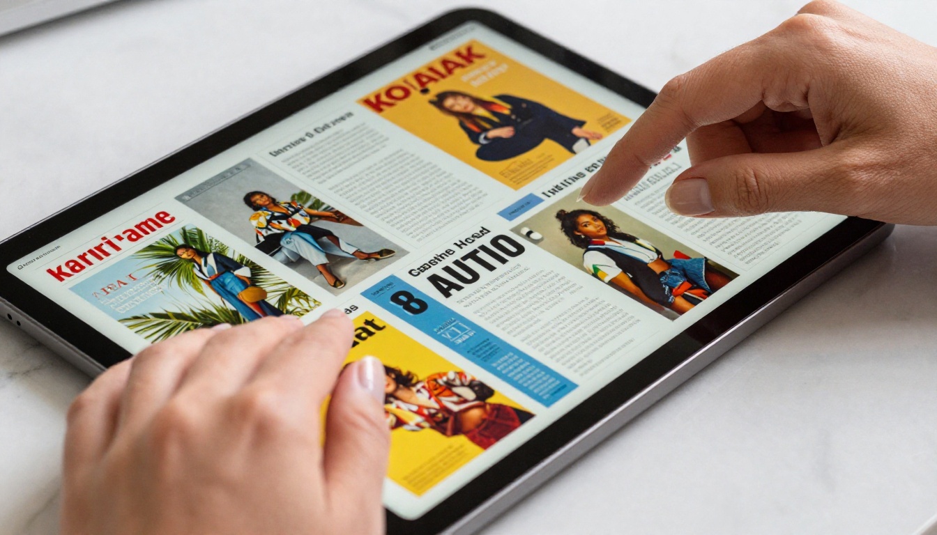Close-up of hands scrolling through a vivid interactive digital magazine on a tablet