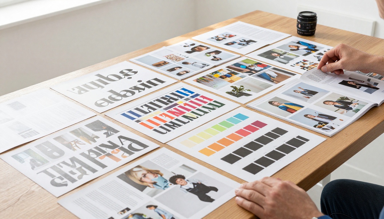 Creative director's desk covered with magazine layout spreads and color palette cards