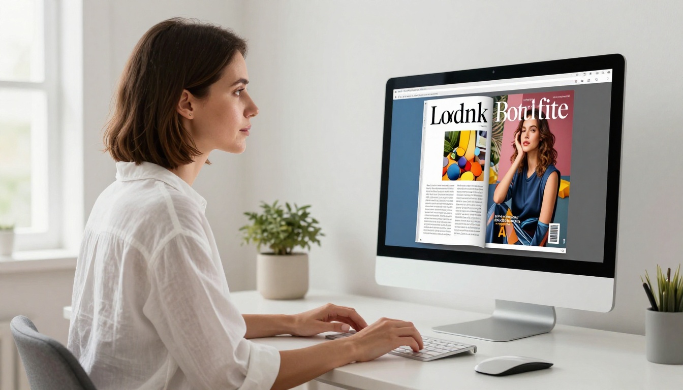 Woman viewing a digital magazine on a large iMac screen