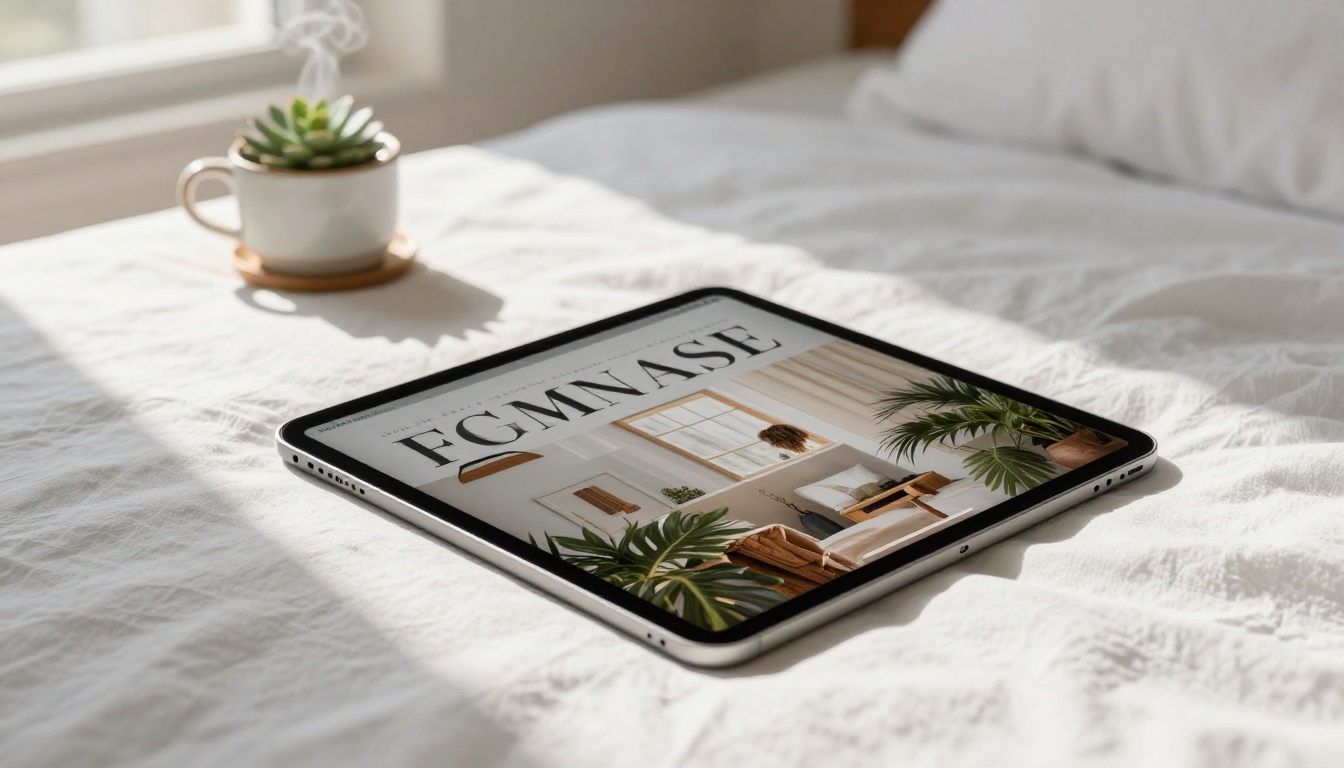 iPad displaying a luxury lifestyle digital magazine on a white bedside table