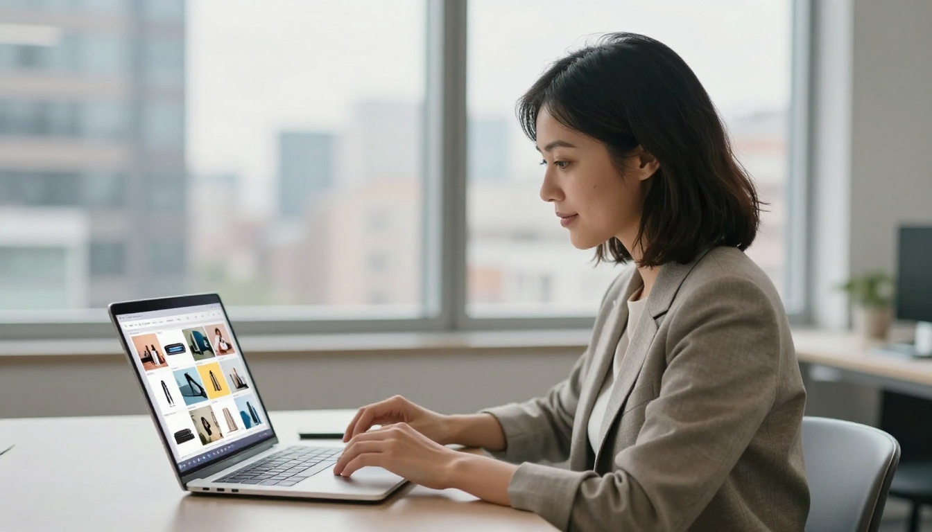 Professional woman reviewing a beautifully designed digital catalog on a laptop