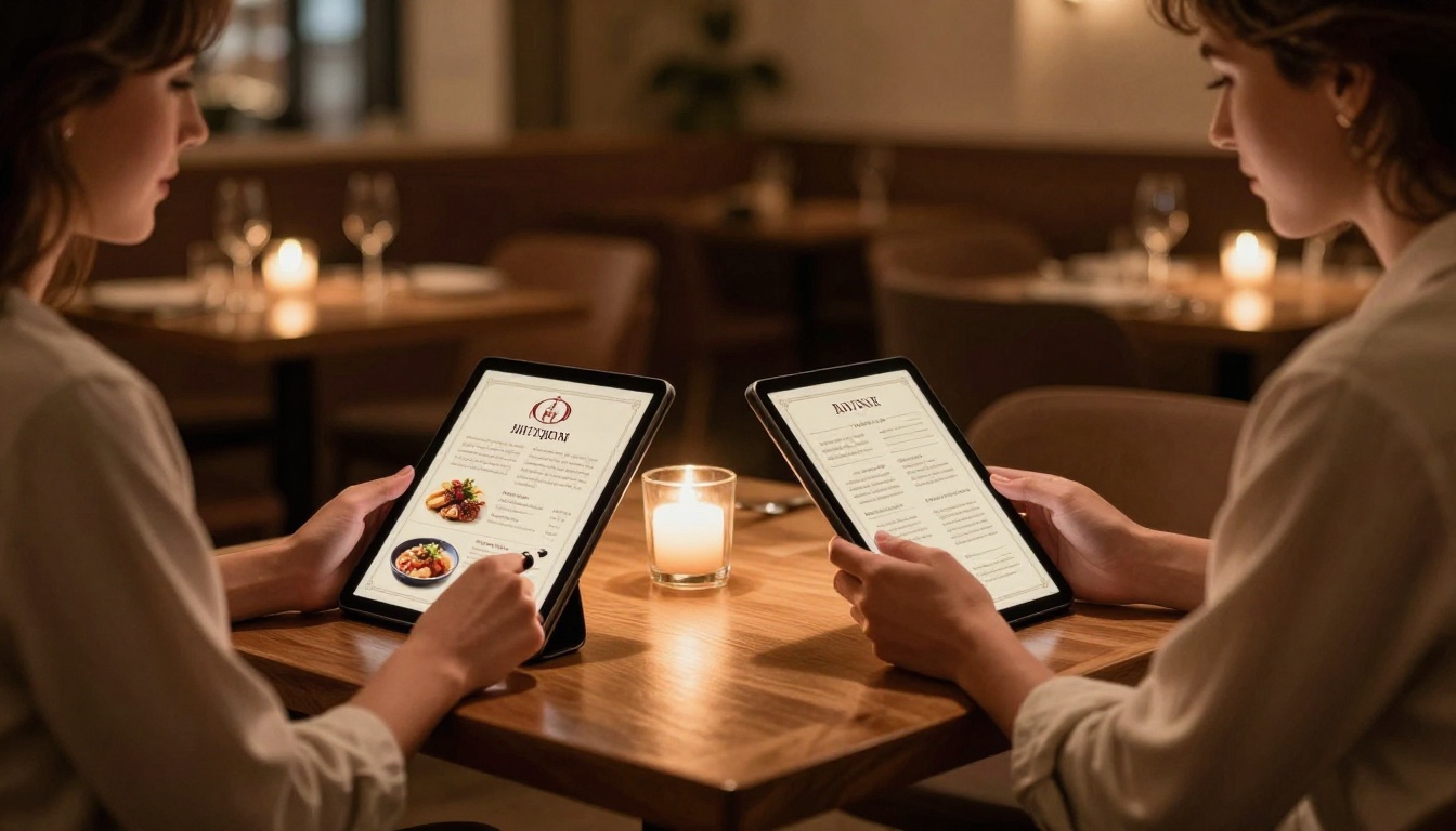 Elegant couple at a restaurant viewing beautiful digital menus on tablets