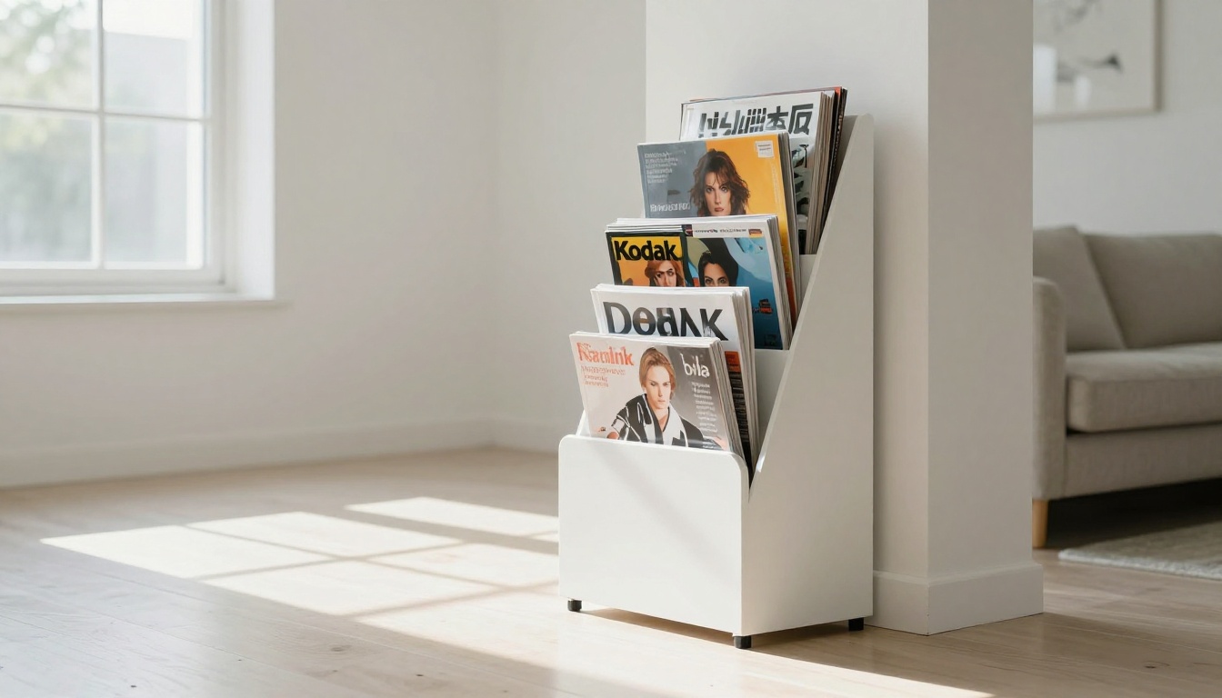 Modern living room with a magazine rack displaying multiple glossy publications