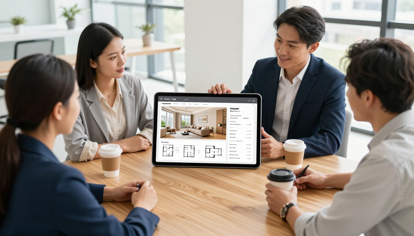 Real estate agent showing an interactive property brochure flipbook on a tablet to clients