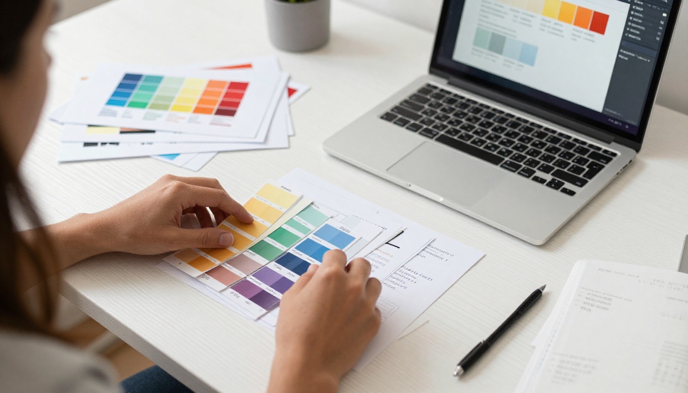 Graphic designer arranging brand color swatches and typography on a workspace