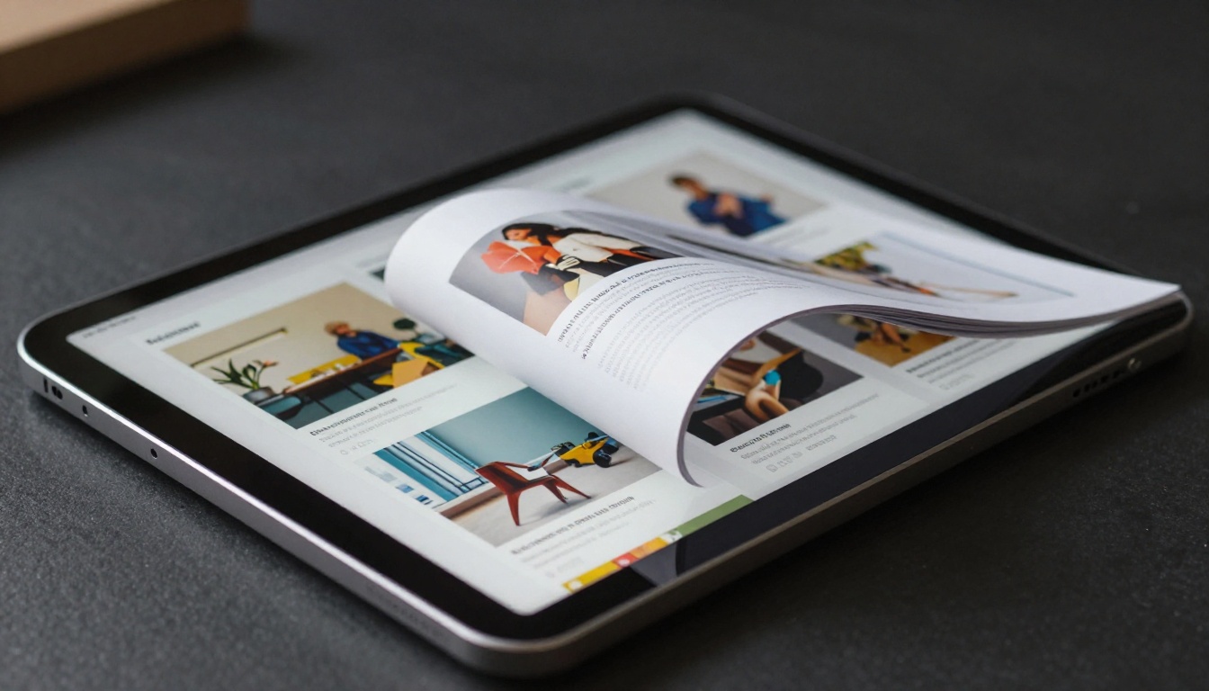 Dramatic close-up of a tablet showing a smooth page-turning animation on a digital flipbook