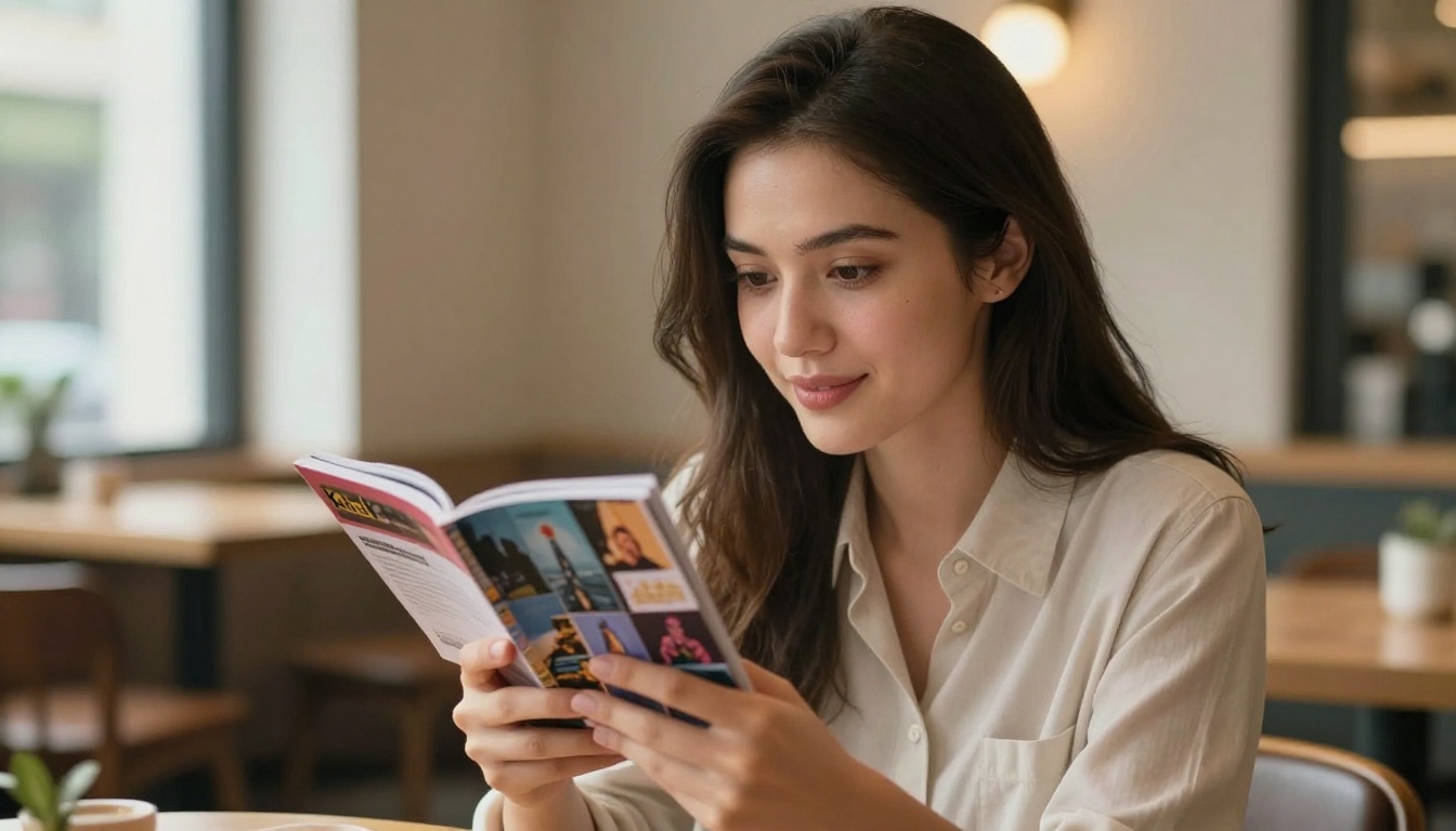 Young woman reading a digital flipbook magazine on her smartphone at a cafe