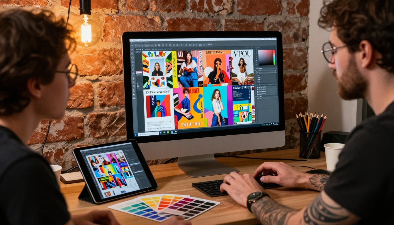 Creative designer focused on building a vibrant digital publication layout in a studio