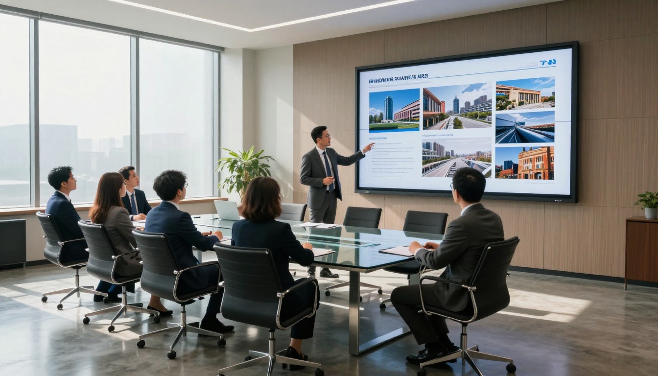Executive presenting an annual report flipbook to a team in a corporate boardroom