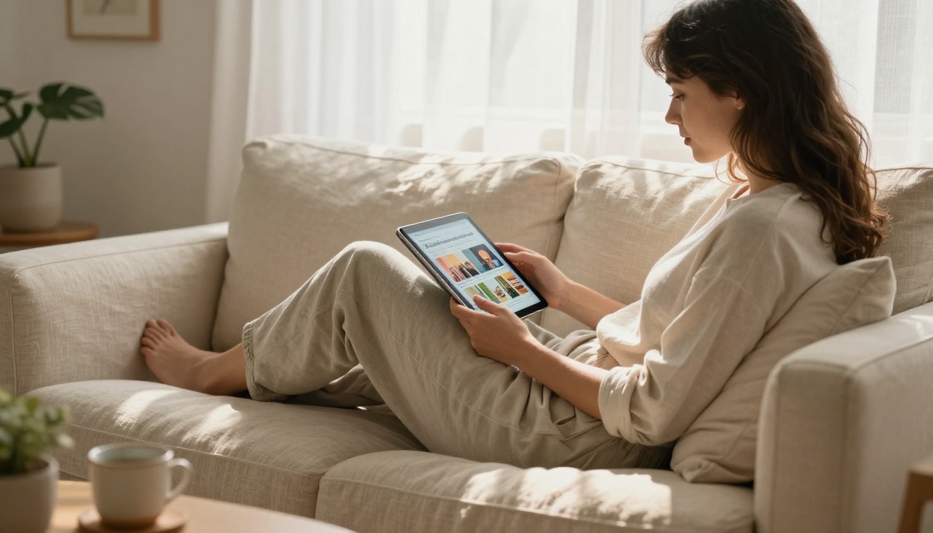 Young woman relaxing on a sofa, completely absorbed in an interactive flipbook on a tablet