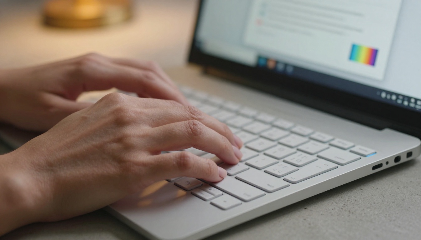 PDF upload interface on a laptop keyboard, close-up of hands