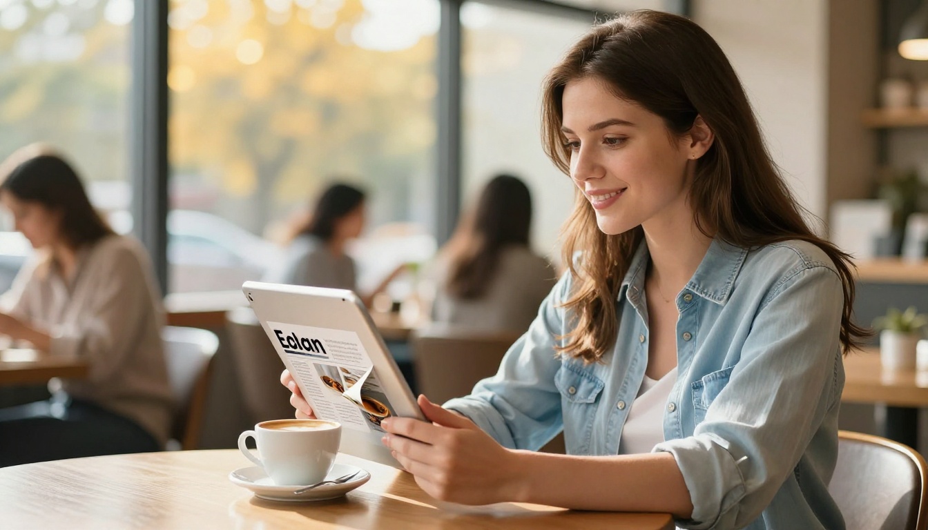 Woman browsing an interactive flipbook on a tablet in a bright modern cafe