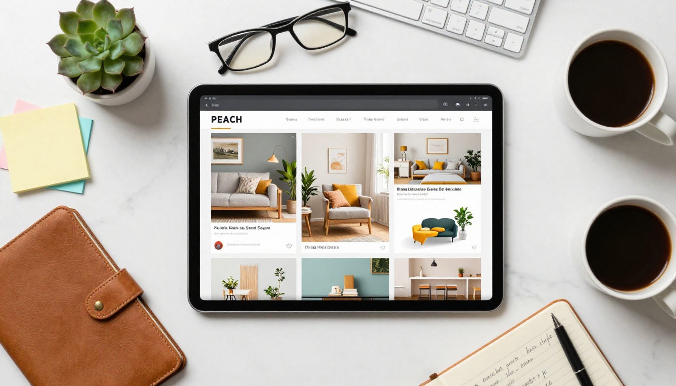 Aerial flat-lay view of a desk with iPad showing a digital product catalog flipbook