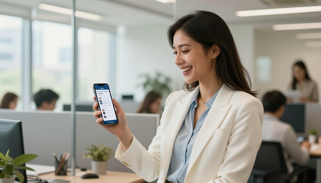 Businesswoman smiling while sharing a flipbook link on her smartphone in a modern office