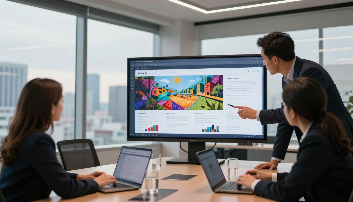 Colleagues reviewing an interactive digital publication on a large screen in a conference room