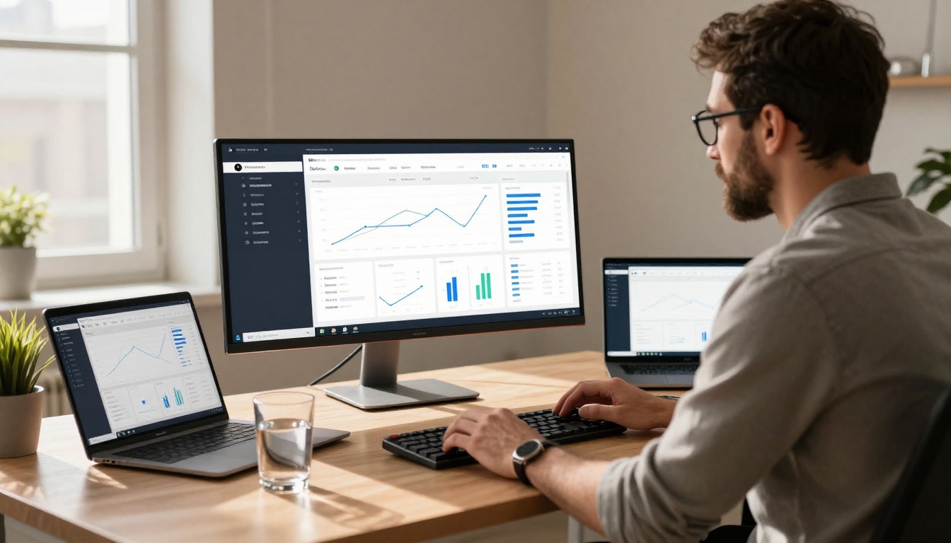 Creative professional reviewing flipbook analytics dashboard on ultrawide monitor