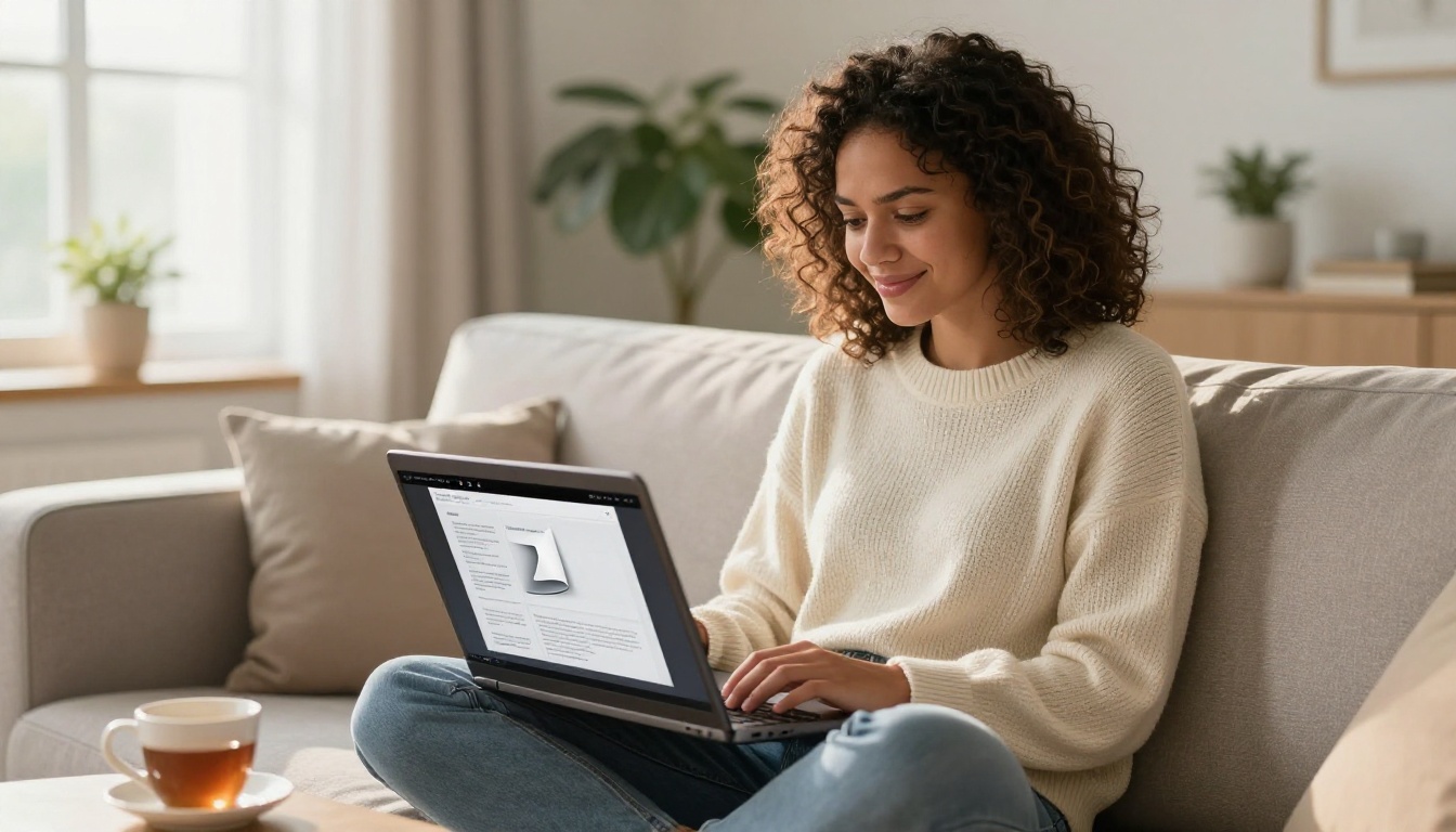 Woman sitting on a sofa with a laptop showing a clean watermark-free digital flipbook, smiling with satisfaction